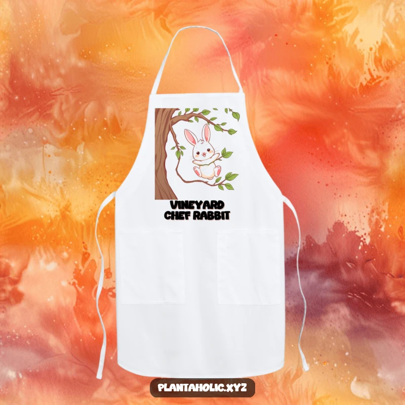 Funny apron showing a playful rabbit dangling from a thick vine, mid-swing, a humorous and practical kitchen accessory.