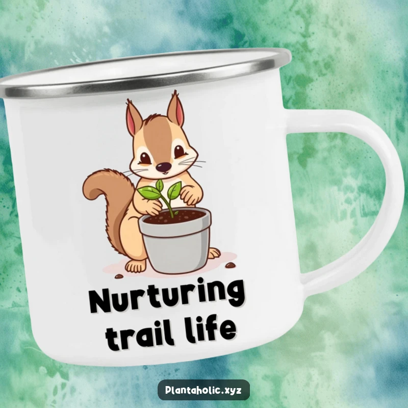 Funny camping mug with a determined squirrel meticulously repotting a tiny seedling into a larger container, durable and humorous for outdoor enthusiasts.