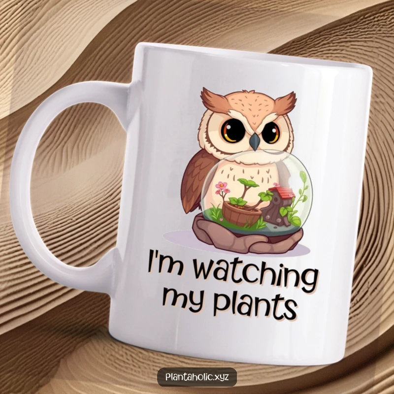 Funny owl peering intently into a miniature, vibrant terrarium, showcasing its curious nature and love for plants.