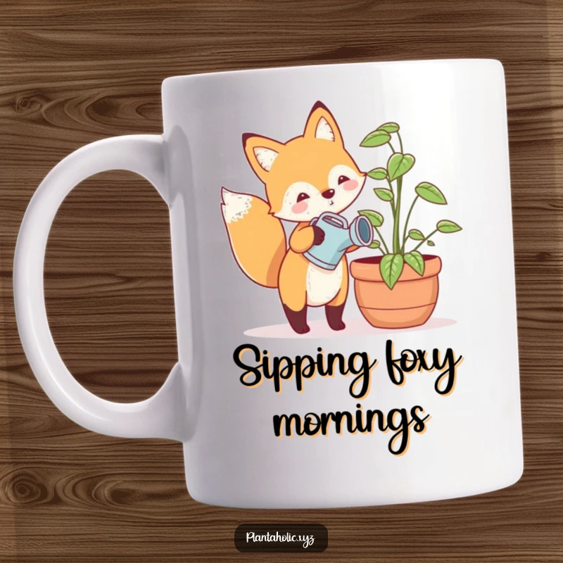 Funny mug showing a happy fox with a tiny watering can, gently watering a large potted plant, a delightful garden creature.