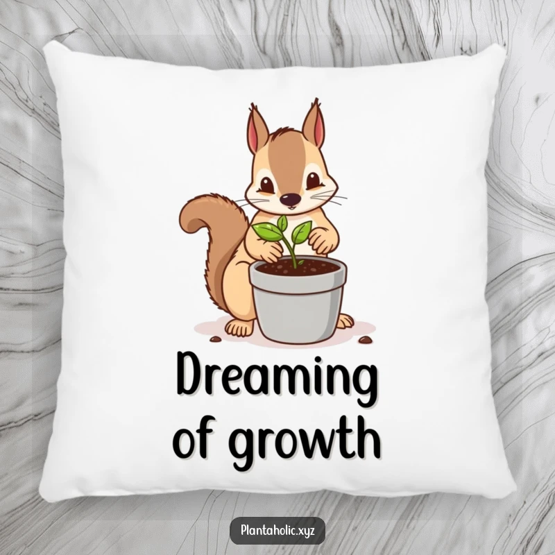 Funny pillow with a determined squirrel meticulously repotting a tiny seedling into a larger container, a soft and diligent accent.