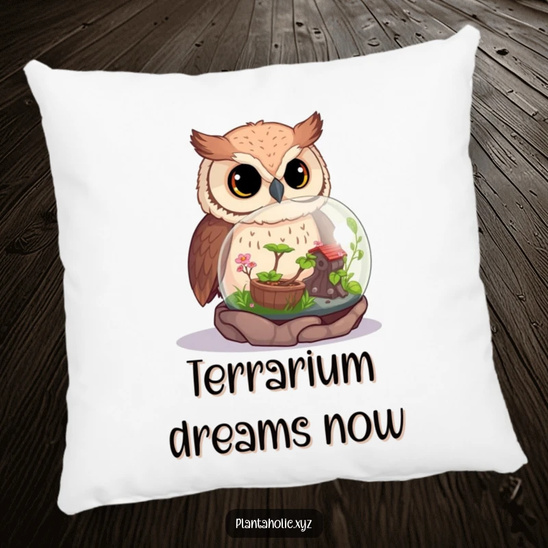 Funny owl resting near a miniature, lush terrarium, offering a cozy and charming decorative accent.