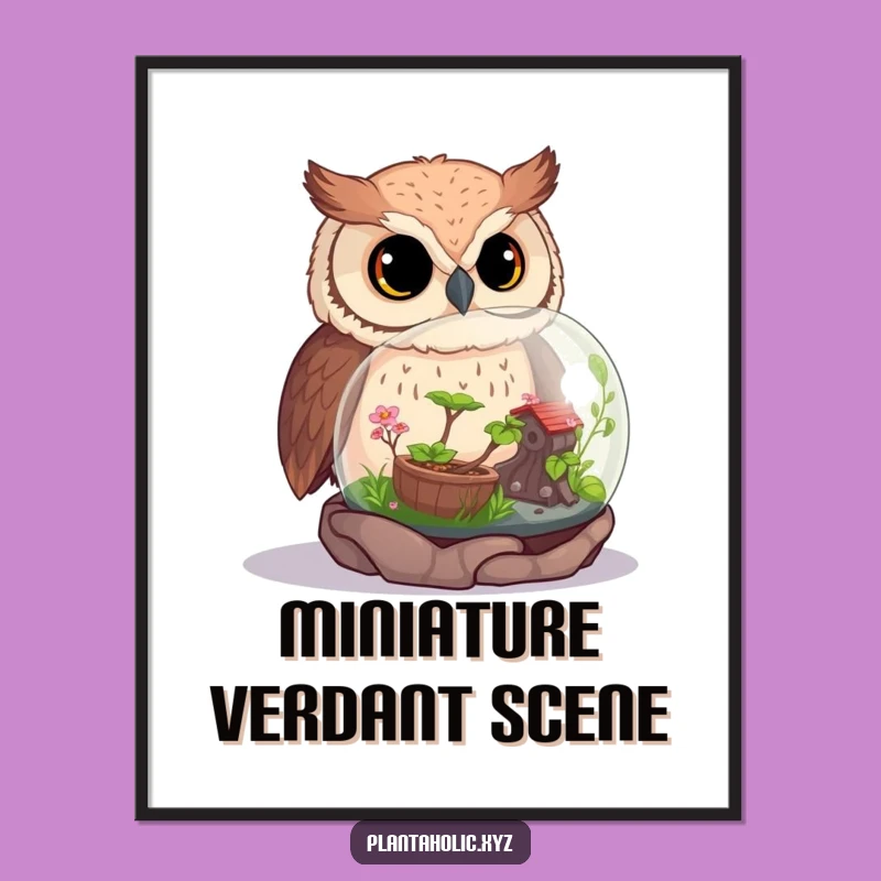 Funny Curious Owl Terrarium Digital Print - Instant Whimsical Wall Art Download