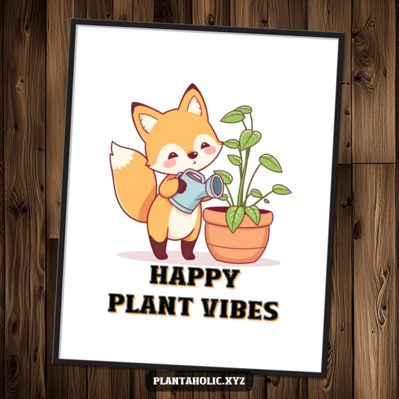 Funny digital art print of a happy fox with a tiny watering can, gently watering a large potted plant, whimsical and charming garden art.