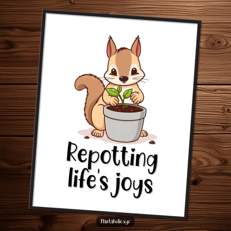 Funny digital art print of a determined squirrel meticulously repotting a tiny seedling into a larger container, detailed and charming garden art.