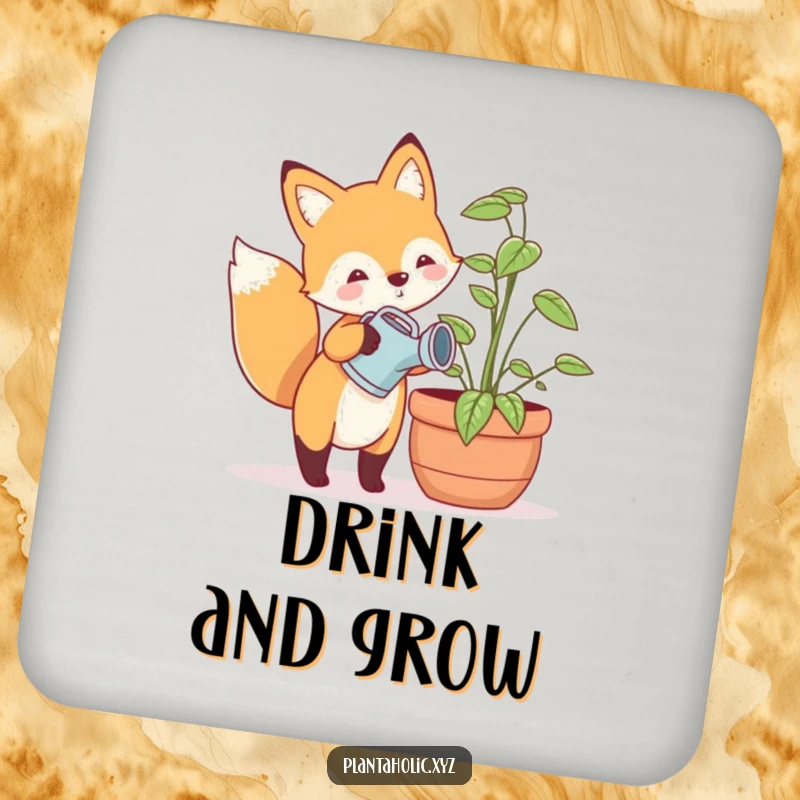 Funny drink coaster with a happy fox with a tiny watering can, watering a large potted plant, a charming and protective accessory.