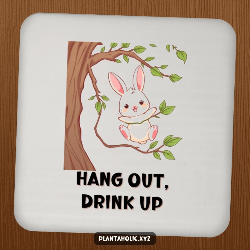 Funny drink coaster with a playful rabbit dangling from a thick vine, mid-swing, a charming and protective accessory.