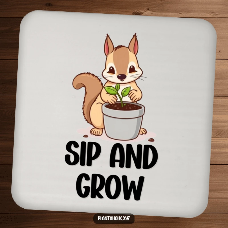 Funny drink coaster with a determined squirrel meticulously repotting a tiny seedling into a larger container, a charming and protective accessory.