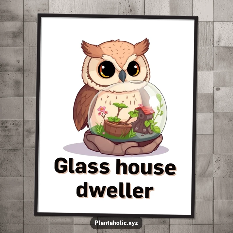 Funny owl with an inquisitive expression looking at a detailed, thriving miniature terrarium, a charming wall art.