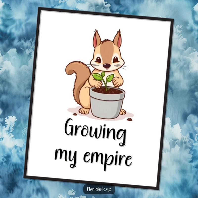 Funny poster showcasing a determined squirrel meticulously repotting a tiny seedling into a larger container, whimsical and charming garden art.
