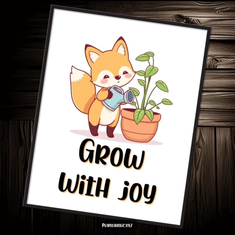 Funny poster showcasing a happy fox with a tiny watering can, gently tending a large potted plant, whimsical and charming garden art.