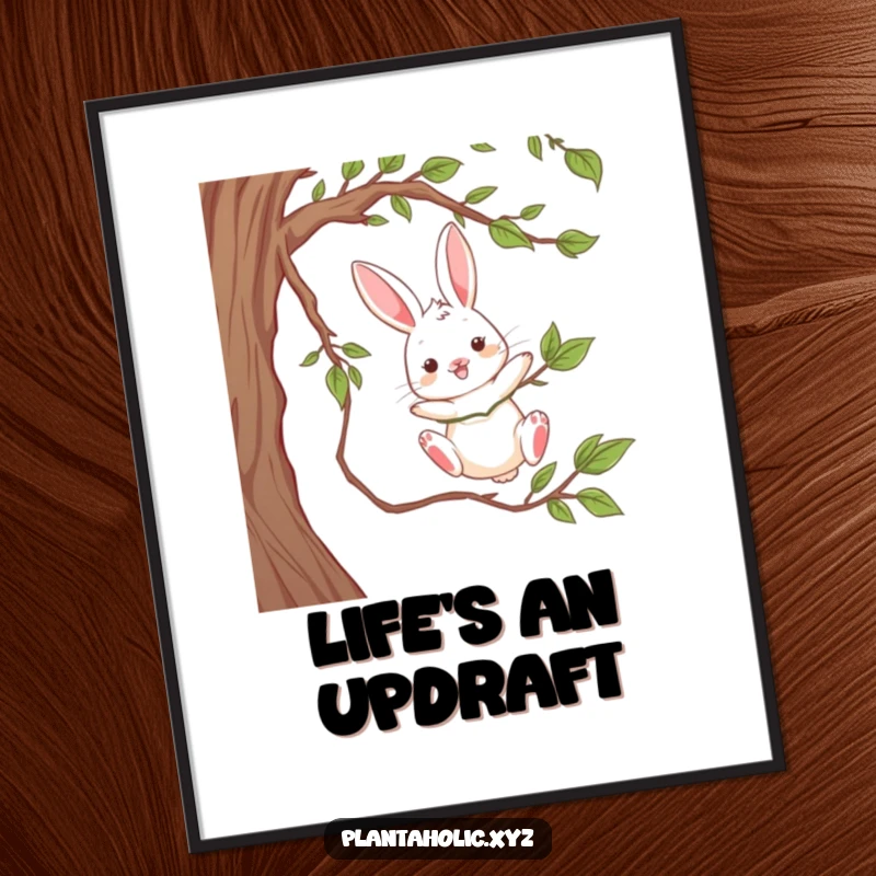 Funny poster showcasing a playful rabbit dangling from a thick vine, mid-air joy, whimsical and charming adventure art.