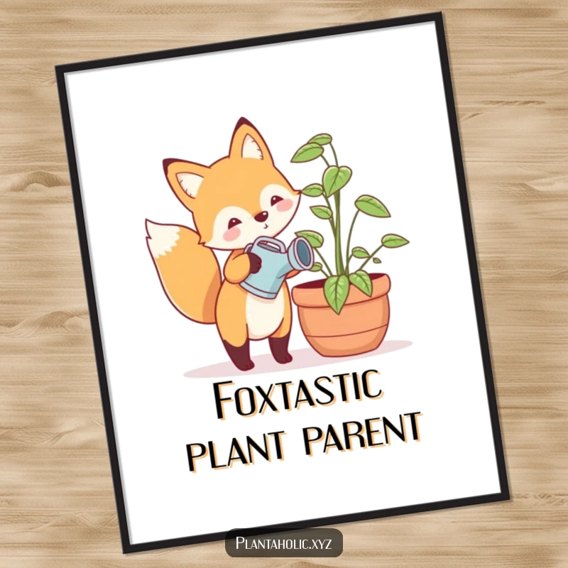 Funny Free Printable Wall Art: Happy fox wearing a small watering can, gently watering a large potted plant, charming decor.
