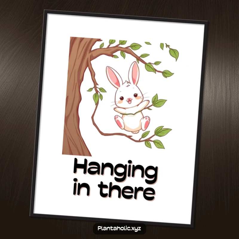 Funny Free Printable Wall Art: Playful rabbit joyfully dangling from a thick vine, a whimsical and fun decor piece.