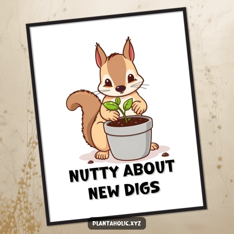 Funny Free Printable Wall Art: Determined squirrel meticulously repotting a tiny seedling into a larger container, industrious art.