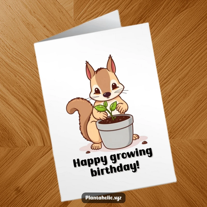 Funny Free Printable Birthday Card: Determined squirrel meticulously repotting a tiny seedling into a larger container, a cute DIY gift.