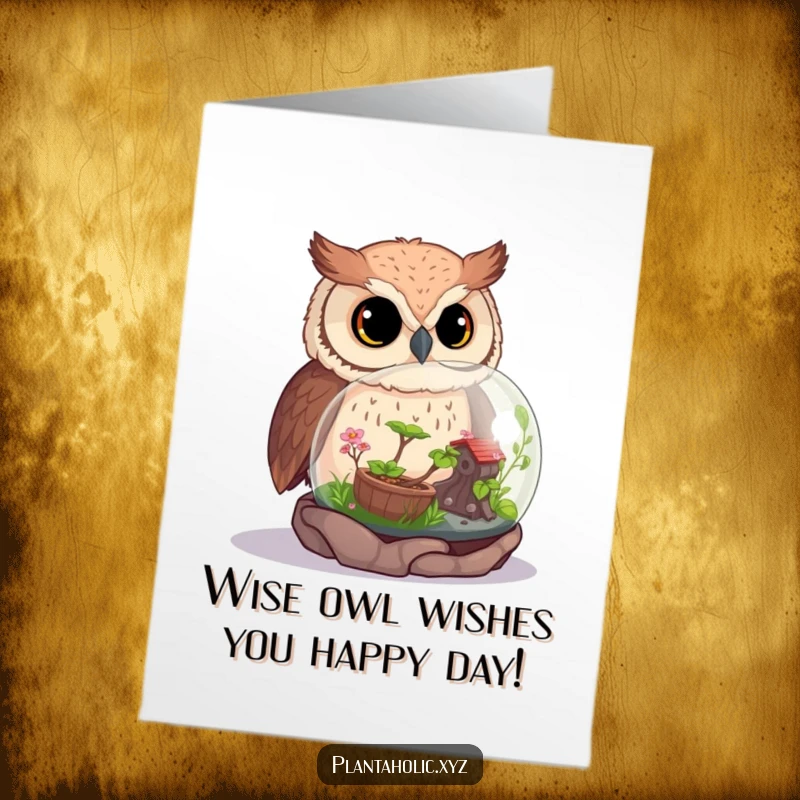 Funny Free Printable Birthday Card featuring a wide-eyed curious owl peeking into a lush, tiny terrarium scene.