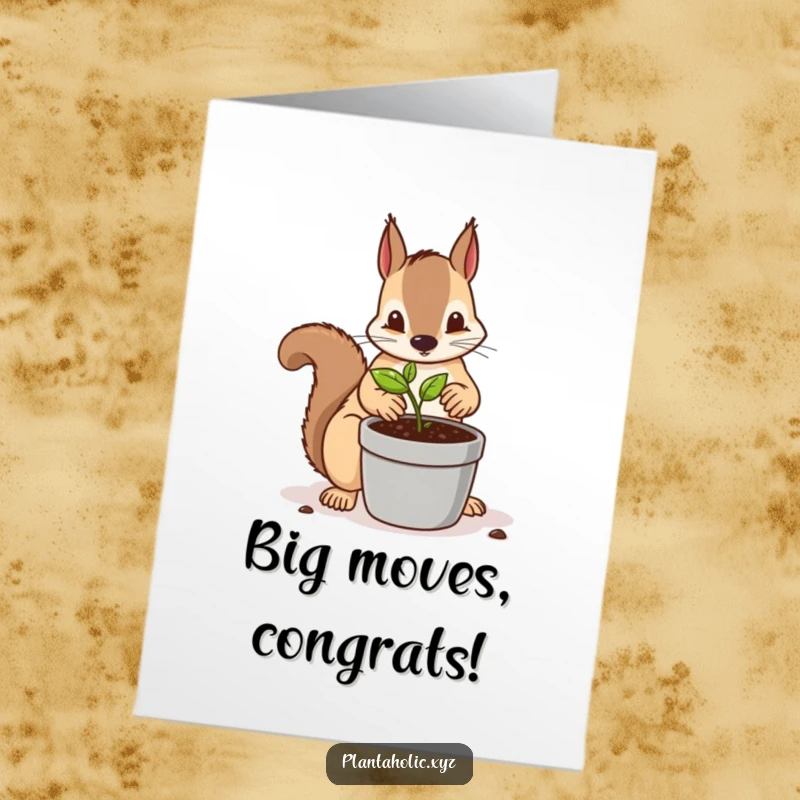 Funny Free Printable Congratulations Card: Squirrel meticulously repots a seedling into a bigger pot, a funny DIY gift.