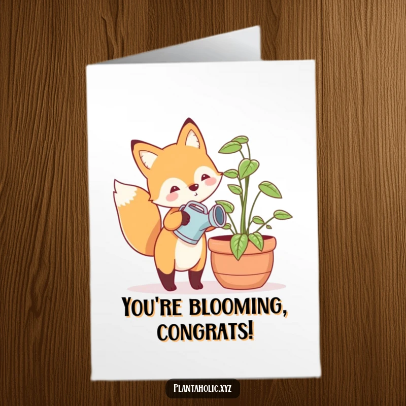 Funny Free Printable Congratulations Card: Happy fox with watering can tending a large plant, a cheerful DIY gift.