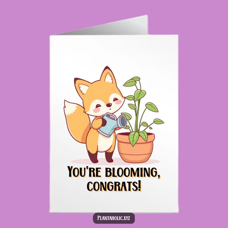 Free Printable Congrats Card: Happy Fox Watering Plant, Cheerful DIY Downloadable Gift