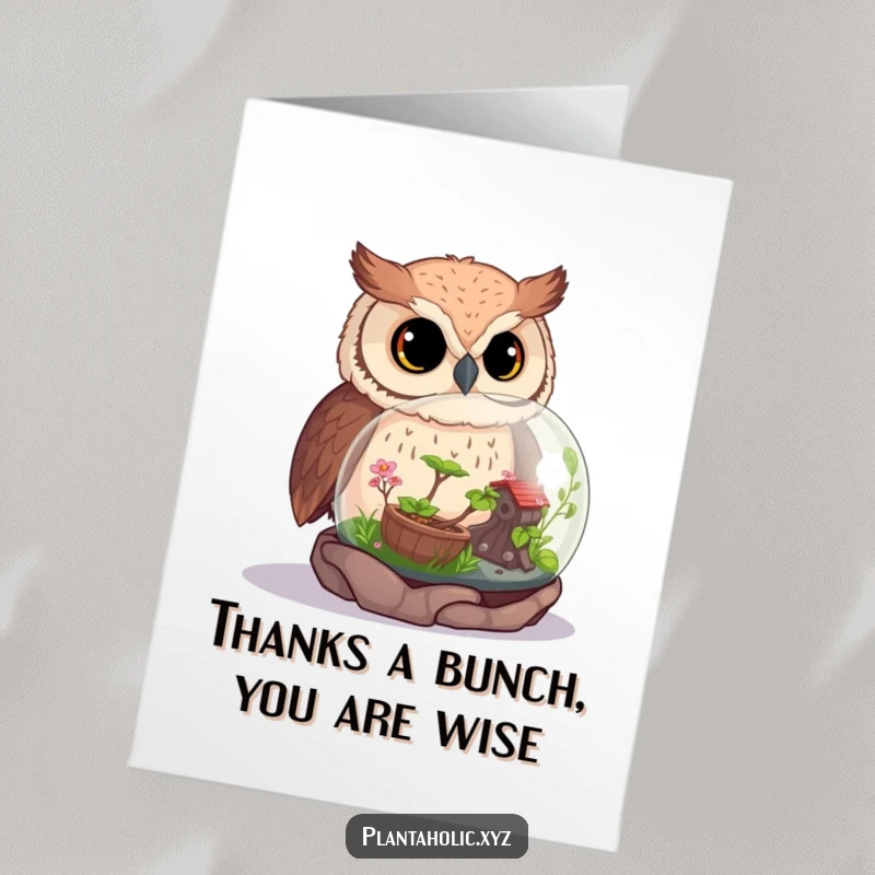 Funny Free Printable Thank You Card with a curious owl observing a flourishing miniature terrarium.