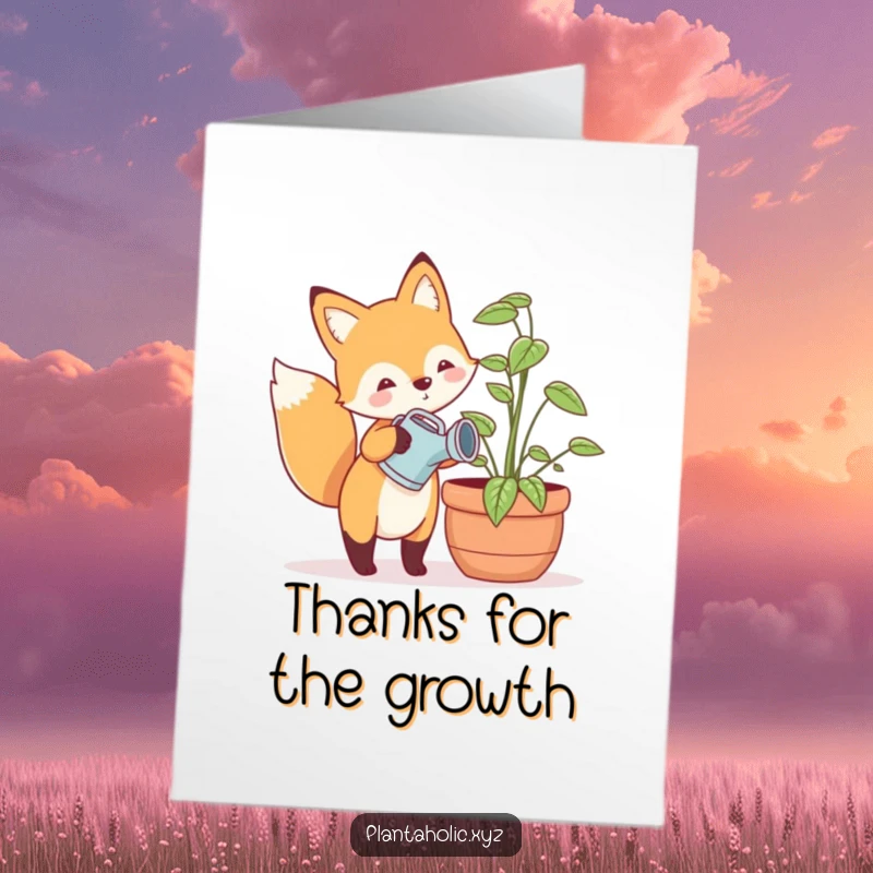Funny Free Printable Thank You Card: Happy fox with a tiny watering can, gently watering a big potted plant, a charming DIY gift.