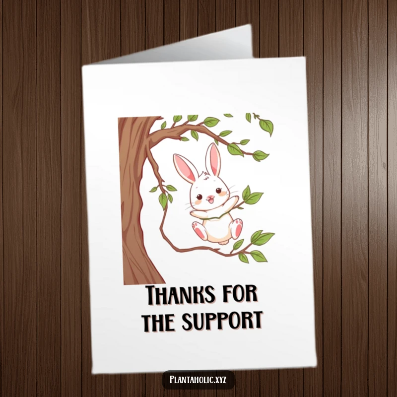 Funny Free Printable Thank You Card: Playful rabbit dangling from a thick vine, a whimsical DIY gift.