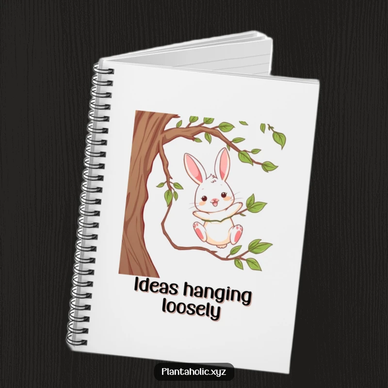 Funny notebook cover featuring a playful rabbit dangling from a thick vine, mid-air, a whimsical and adventurous stationery item.