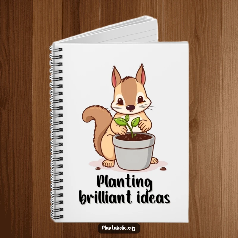 Funny notebook cover featuring a determined squirrel meticulously repotting a tiny seedling into a larger container, a detailed and charming stationery item.