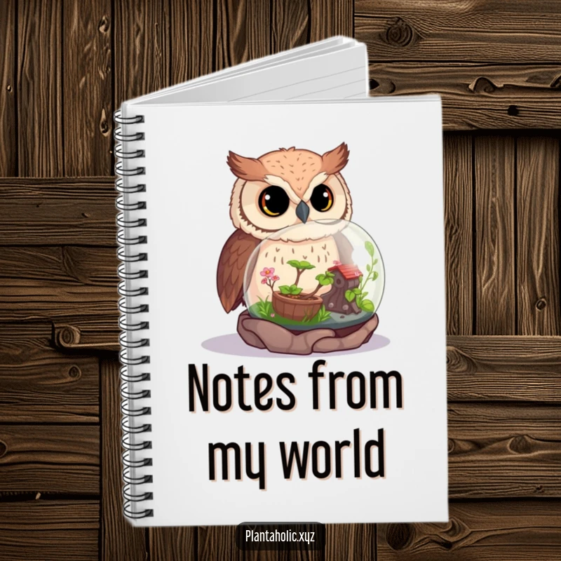 Funny owl curiously observing a detailed miniature terrarium, ideal for note-taking and creative writing.
