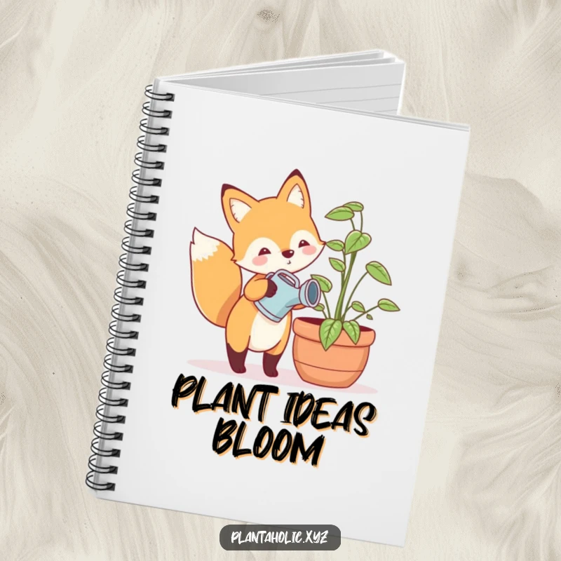 Funny notebook cover featuring a happy fox with a tiny watering can, gently watering a large potted plant, a whimsical and charming stationery item.