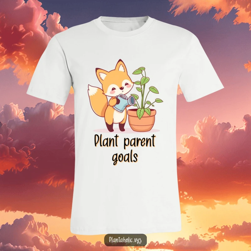 Funny t-shirt featuring a happy fox wearing a tiny watering can, tending to a large potted plant, a cute and humorous gardening design.