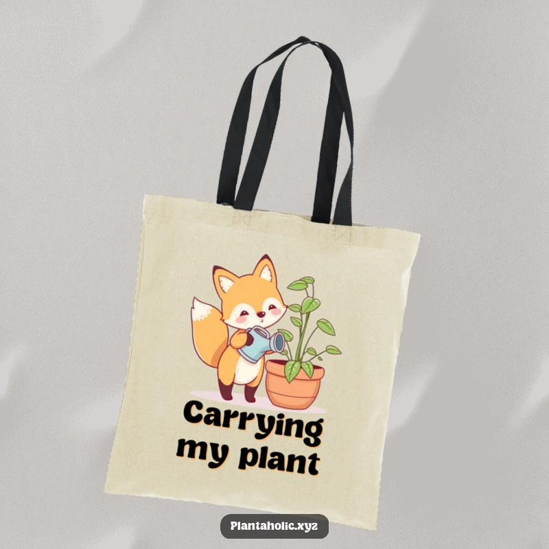 Funny tote bag with a happy fox wearing a tiny watering can, watering a large potted plant, a chic and humorous gardening accessory.